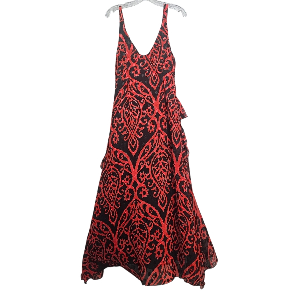 Nasty Gal Nwt Grand Entrance Red/Black Jacquard Ruffled Flowy V Neck Maxi Dress - Picture 9 of 17
